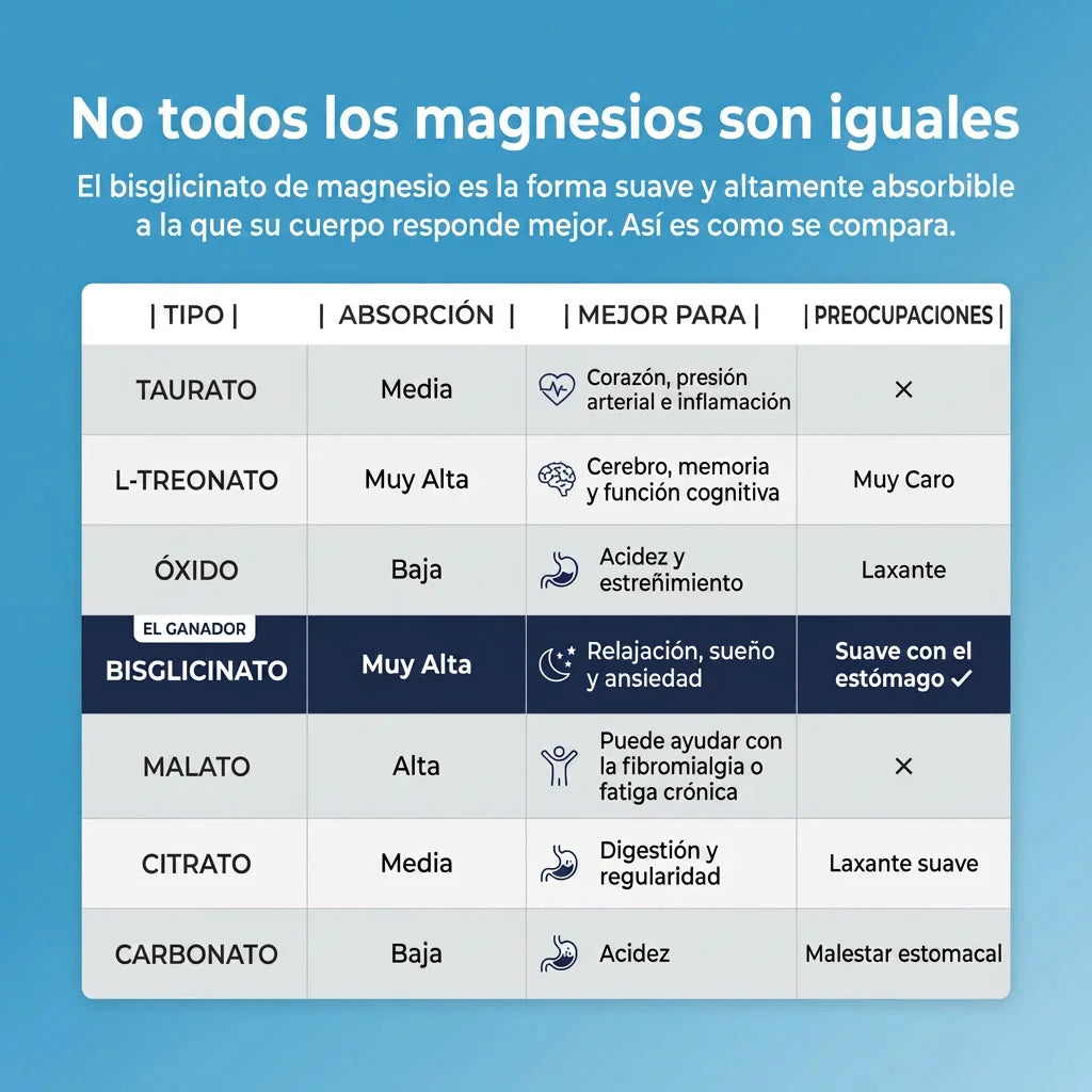 Comparison chart of magnesium forms with their absorption, benefits, and concerns on a blue background.